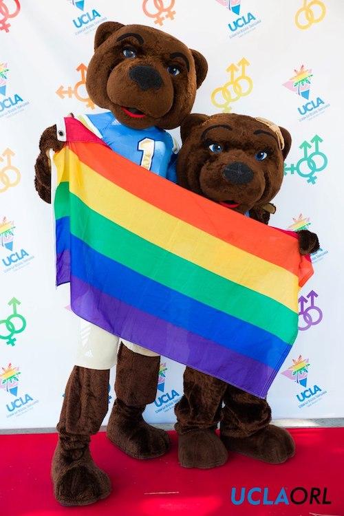 Joe Bruin and Josephine Bruin stand in front of a backdrop with symbols representing different LGBTQ identities. They are holding a large rainbow flag.