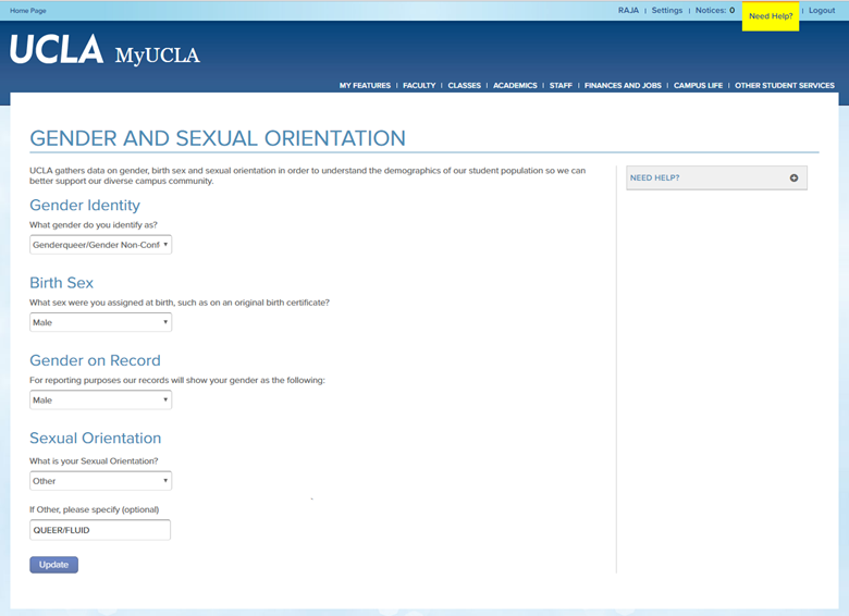 Screenshot of Gender and Sexual Orientation page on myUCLA