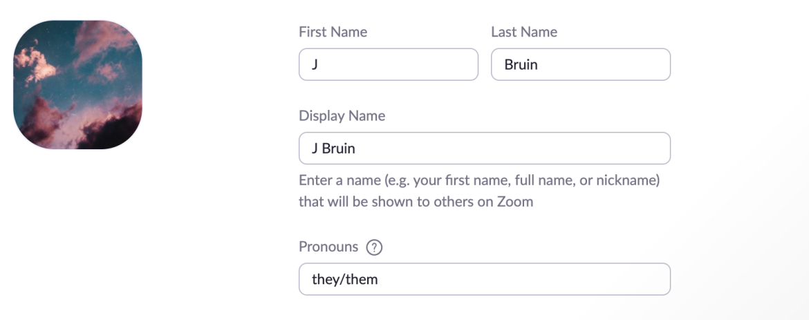 Screenshot of Zoom profile, web version. The profile photo has a dark sky with purple clouds. The name is J Bruin. The pronouns are they/them.