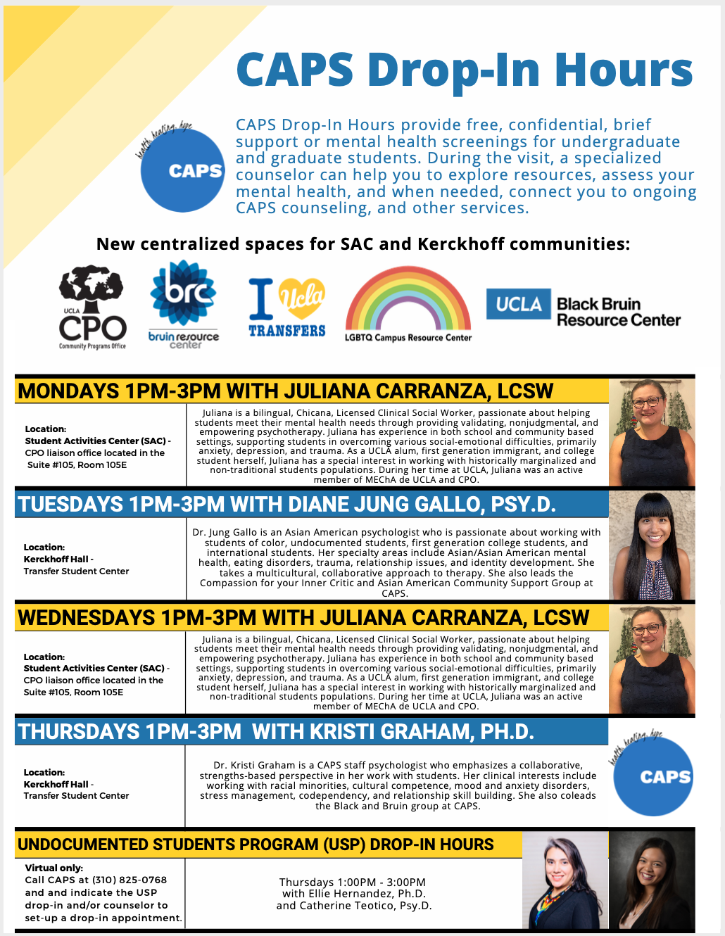 Flyer describing times and locations for CAPS office hours around SAC and Kerckhoff