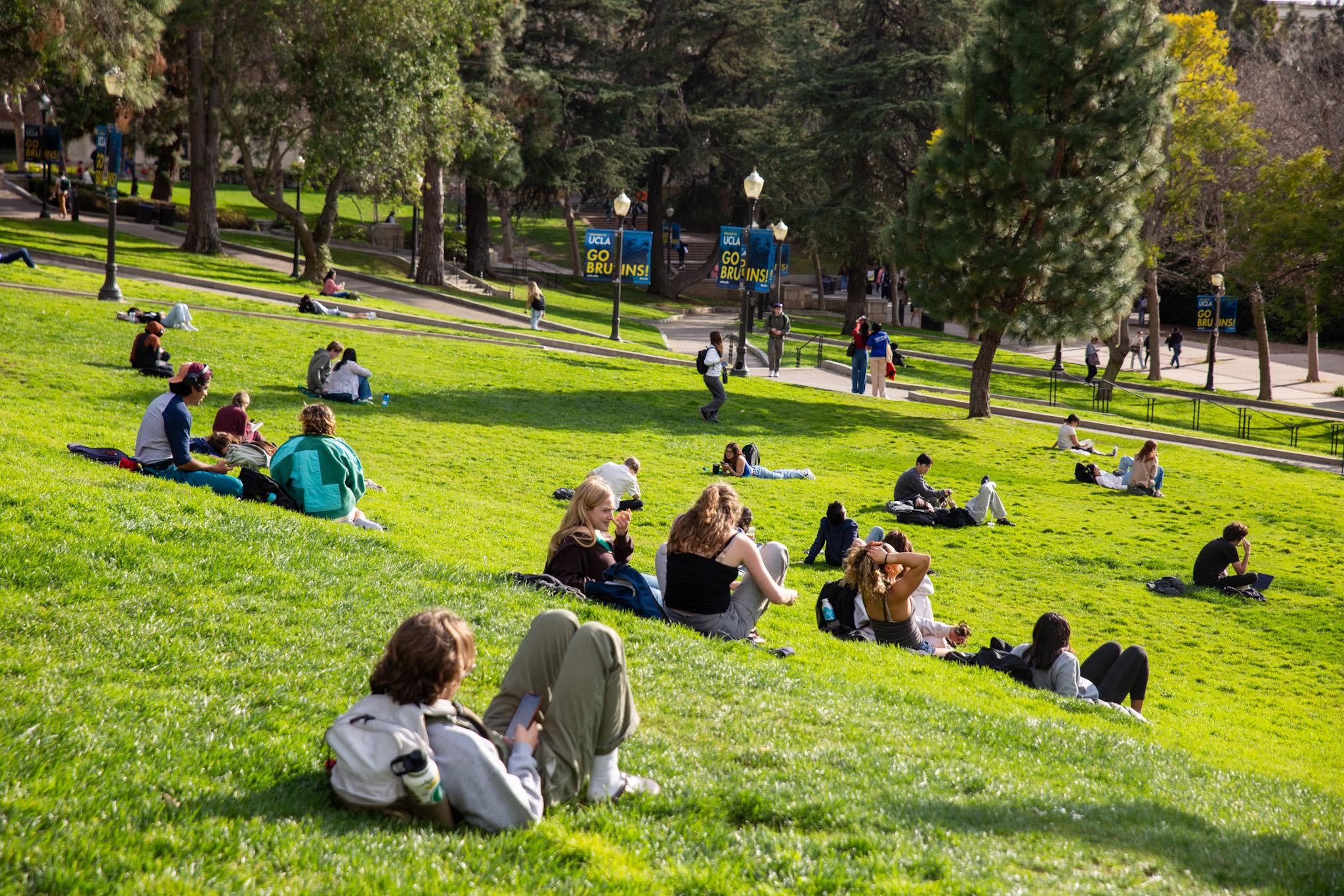 Students sit on the lawn in front of Tongva steps.
