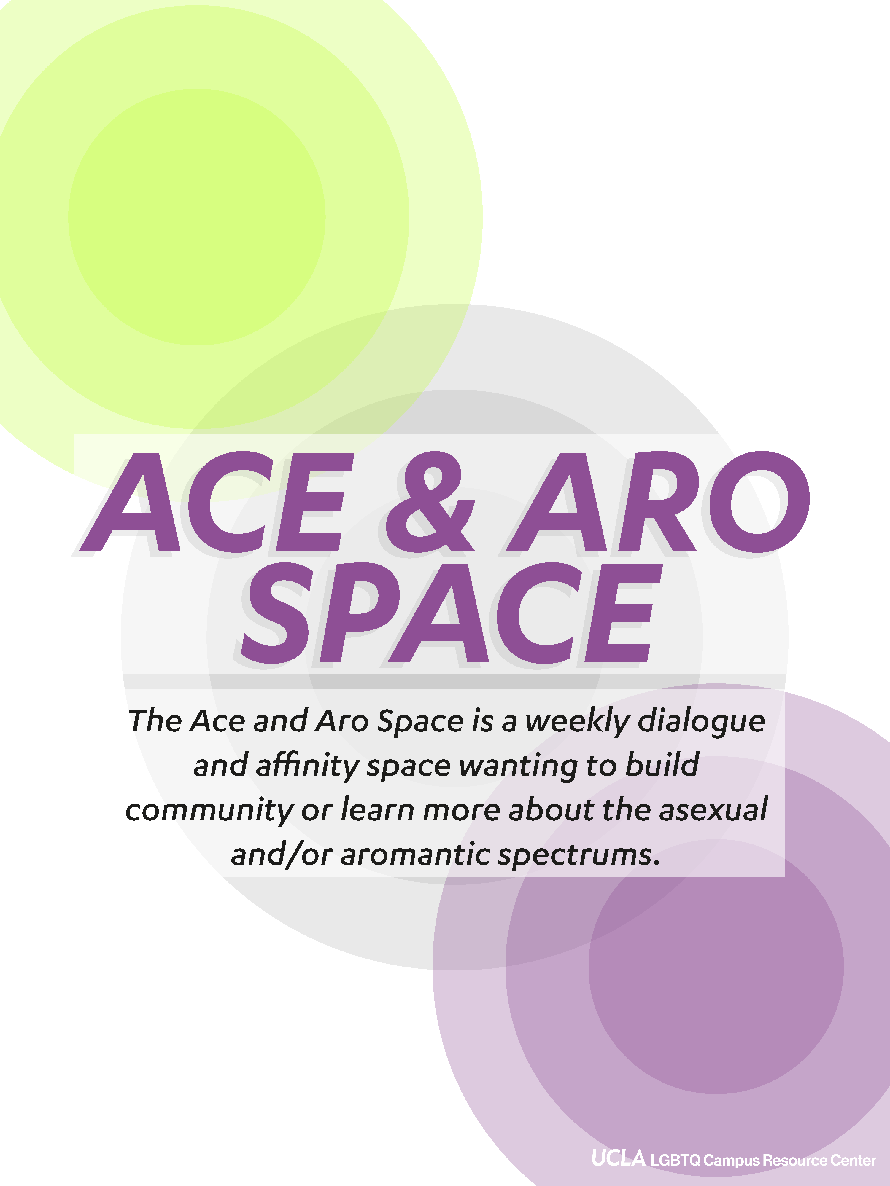 A purple, gray, and green flyer with circles in the background. The flyer reads, "Ace & Aro Space. The Ace and Aro Space is a weekly dialogue and affinity space wanting to build community or learn more about the asexual and/or aromantic spectrums.
