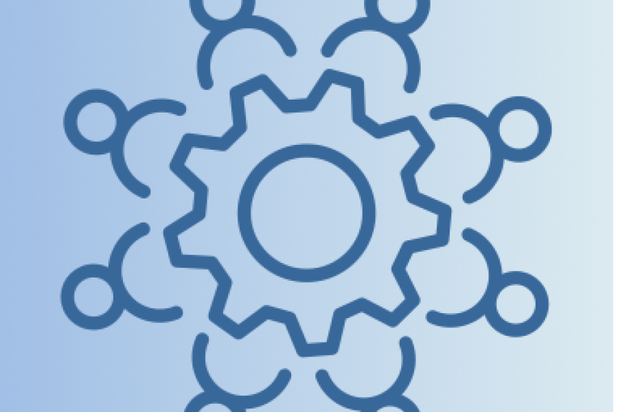 a blue square with a gear of people 